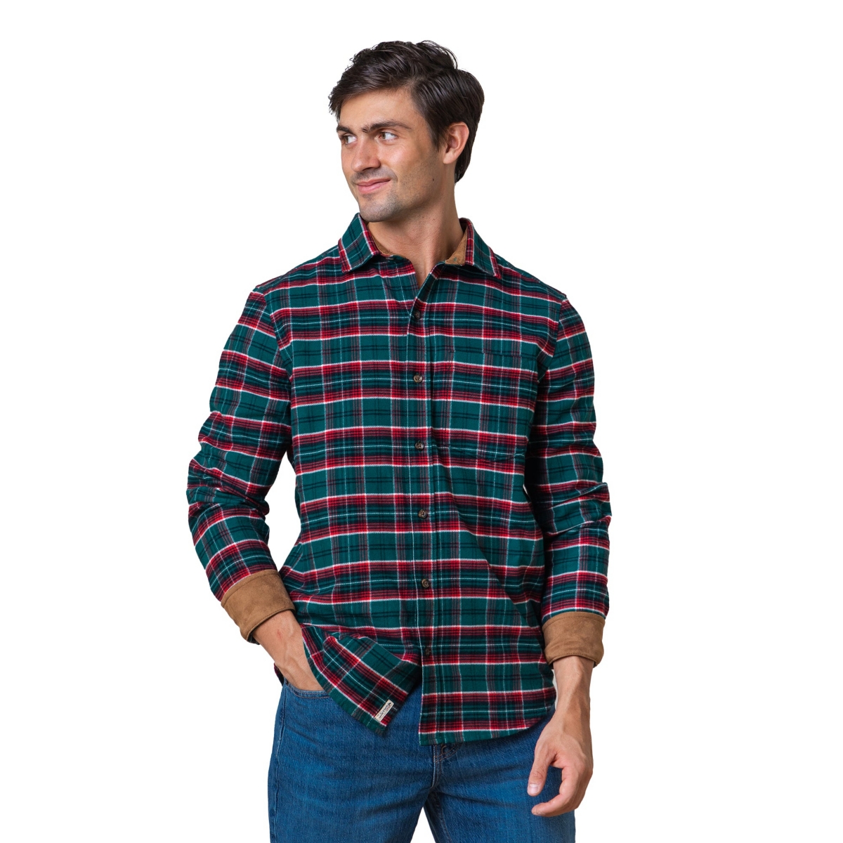 Men's Flannel Shirt with Suede Detail - Festive green plaid