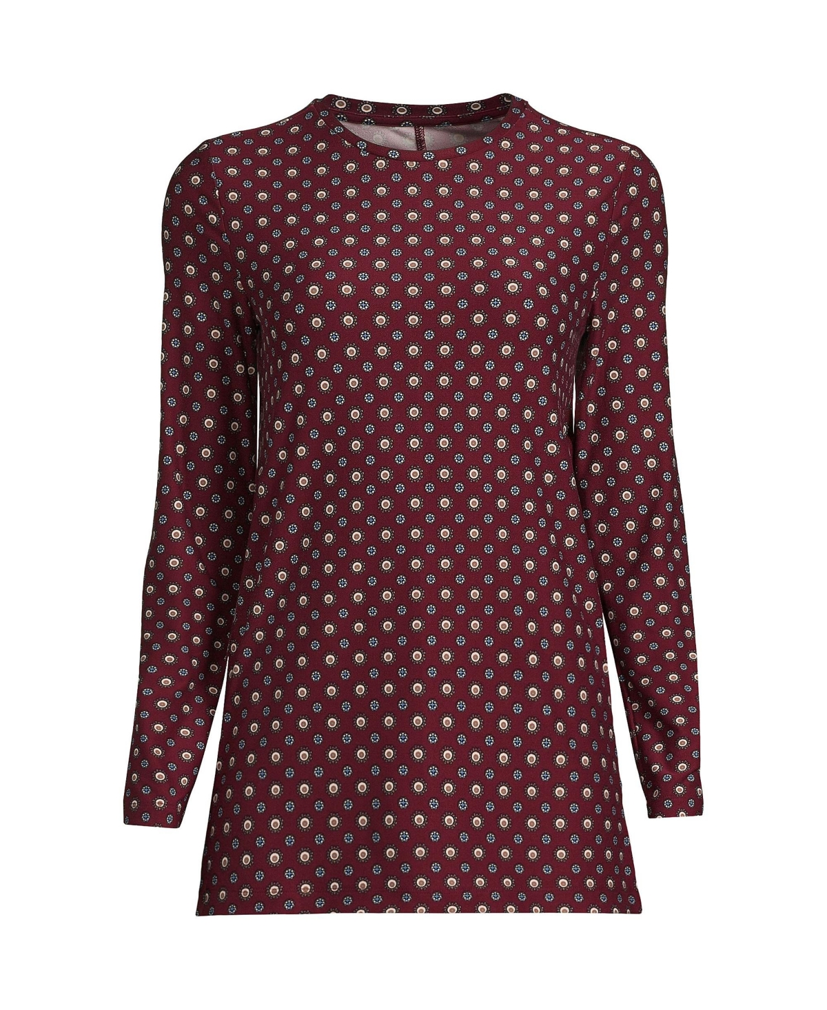 Petite Long Sleeve Performance Crew Neck Tunic - Rich burgundy encircle geo