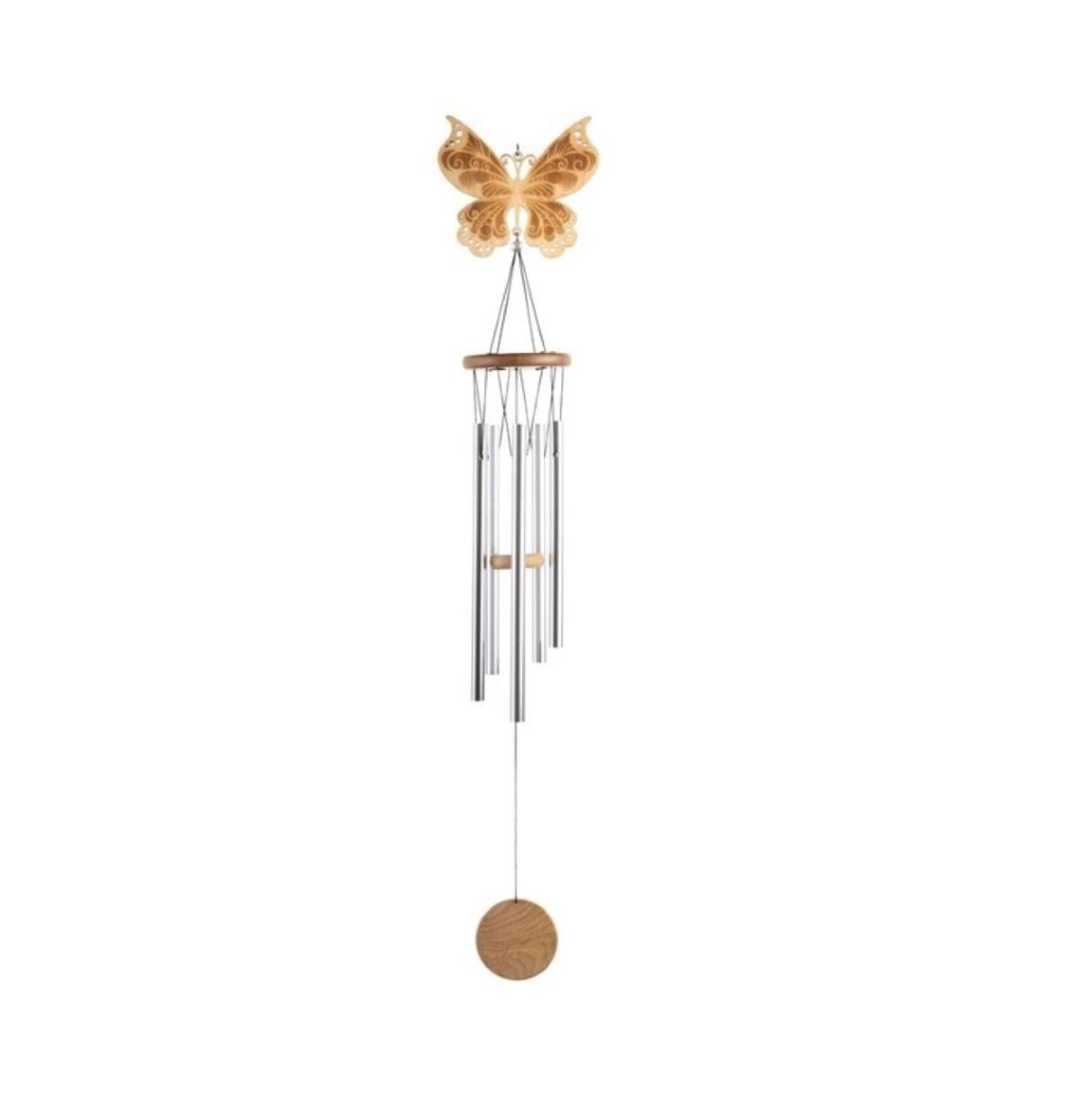 34" Long Wood Silhouette Butterfly Wind Chime - Silver