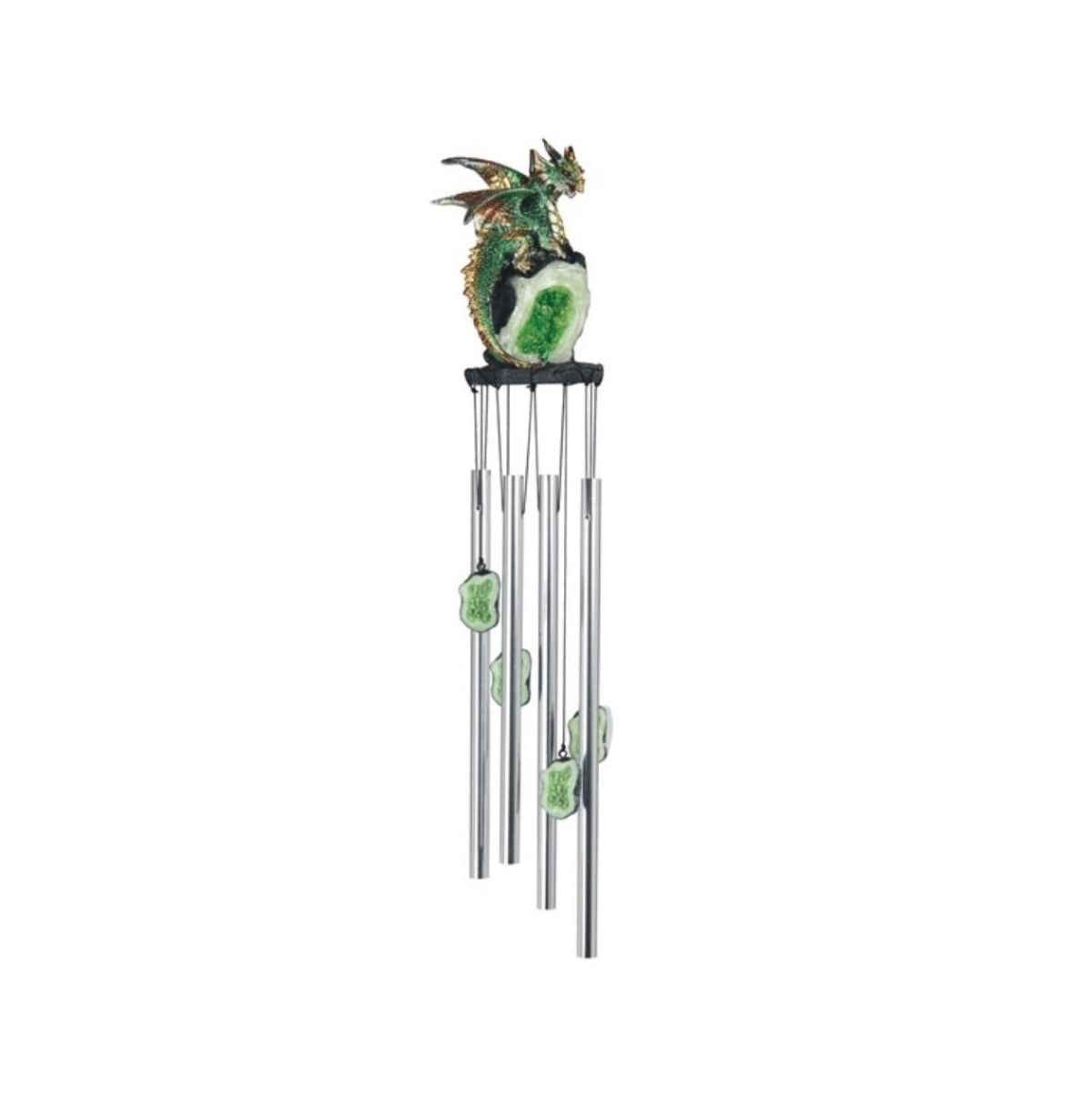 23" Long Dragon on Green Faux Crystal Round Top Wind Chime - Silver