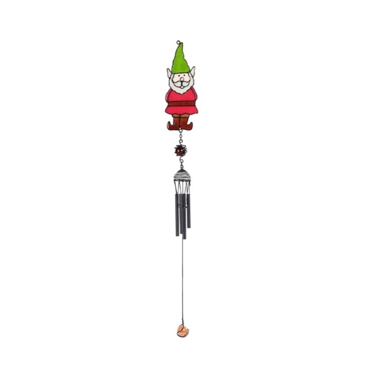 30" Long Red Gnome with Green Hat Black Coated Gem Wind Chime - Multi