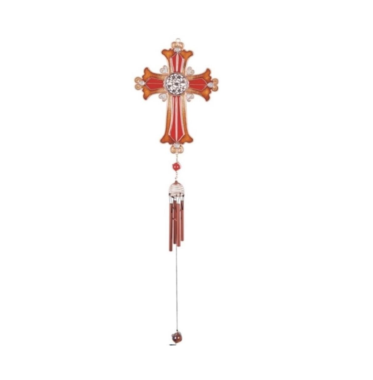 33" Long Brown Cross Wind Chime with Copper Gem - Red