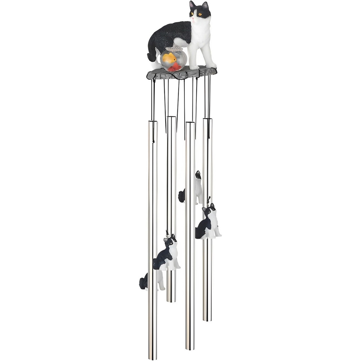 23" Long Tuxedo Kitty Cat with Fish Bowl Round Top Wind Chime Home Decor Perfect Gift for House Warming, Holidays and Birthdays - Silver