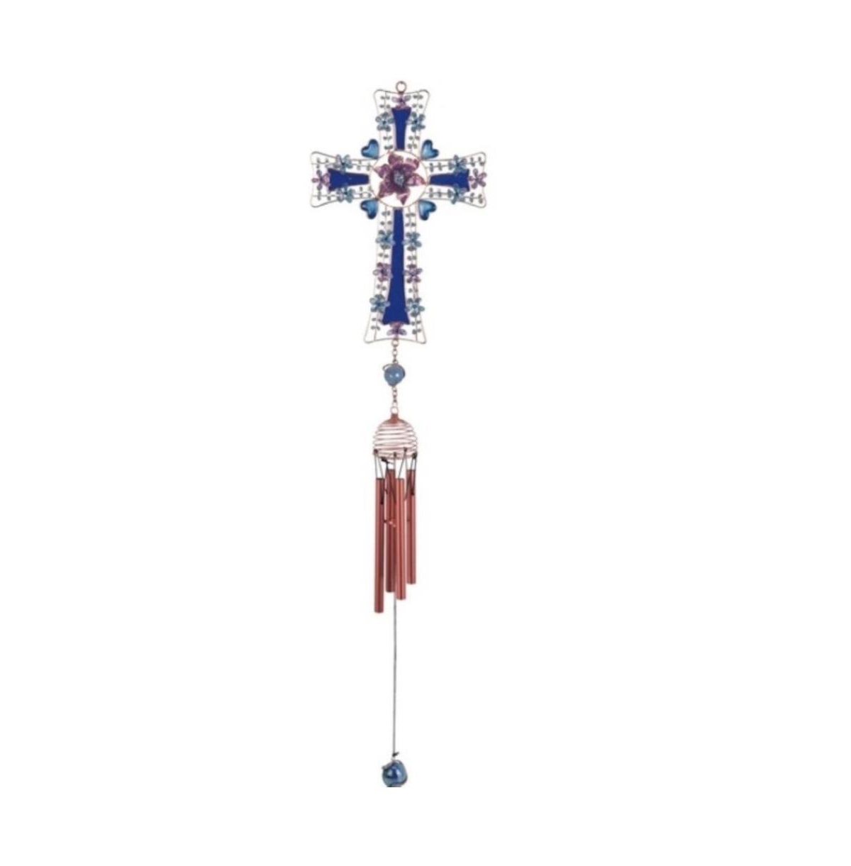 26" Long Blue Cross Wind Chime with Gem - Blue