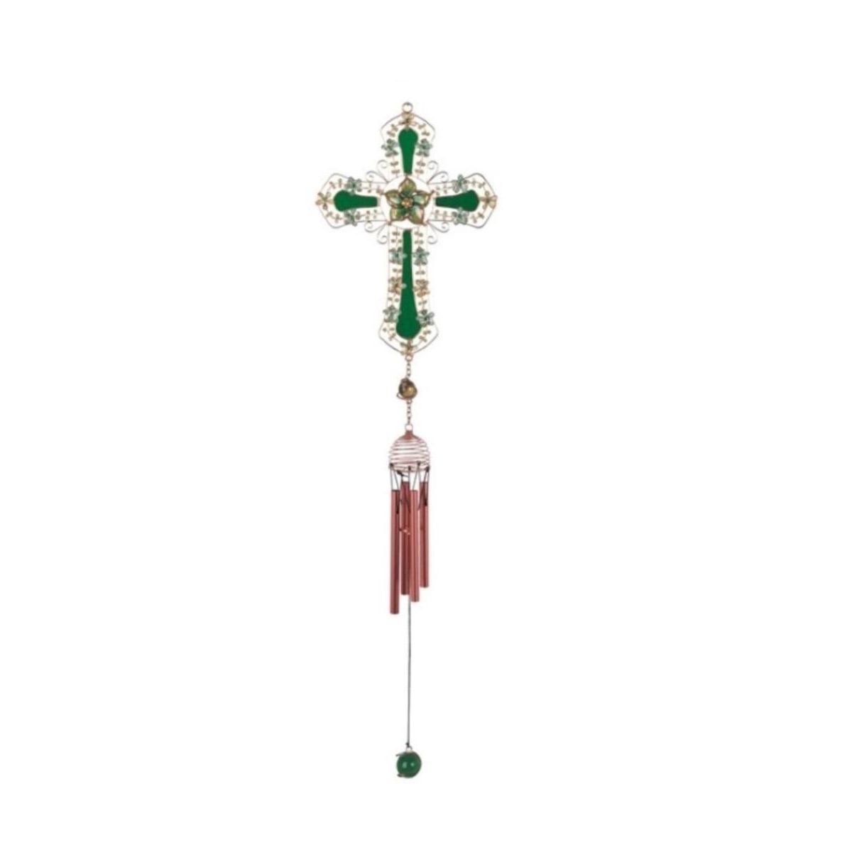 26" Long Green Cross Wind Chime with Green Gem - Green