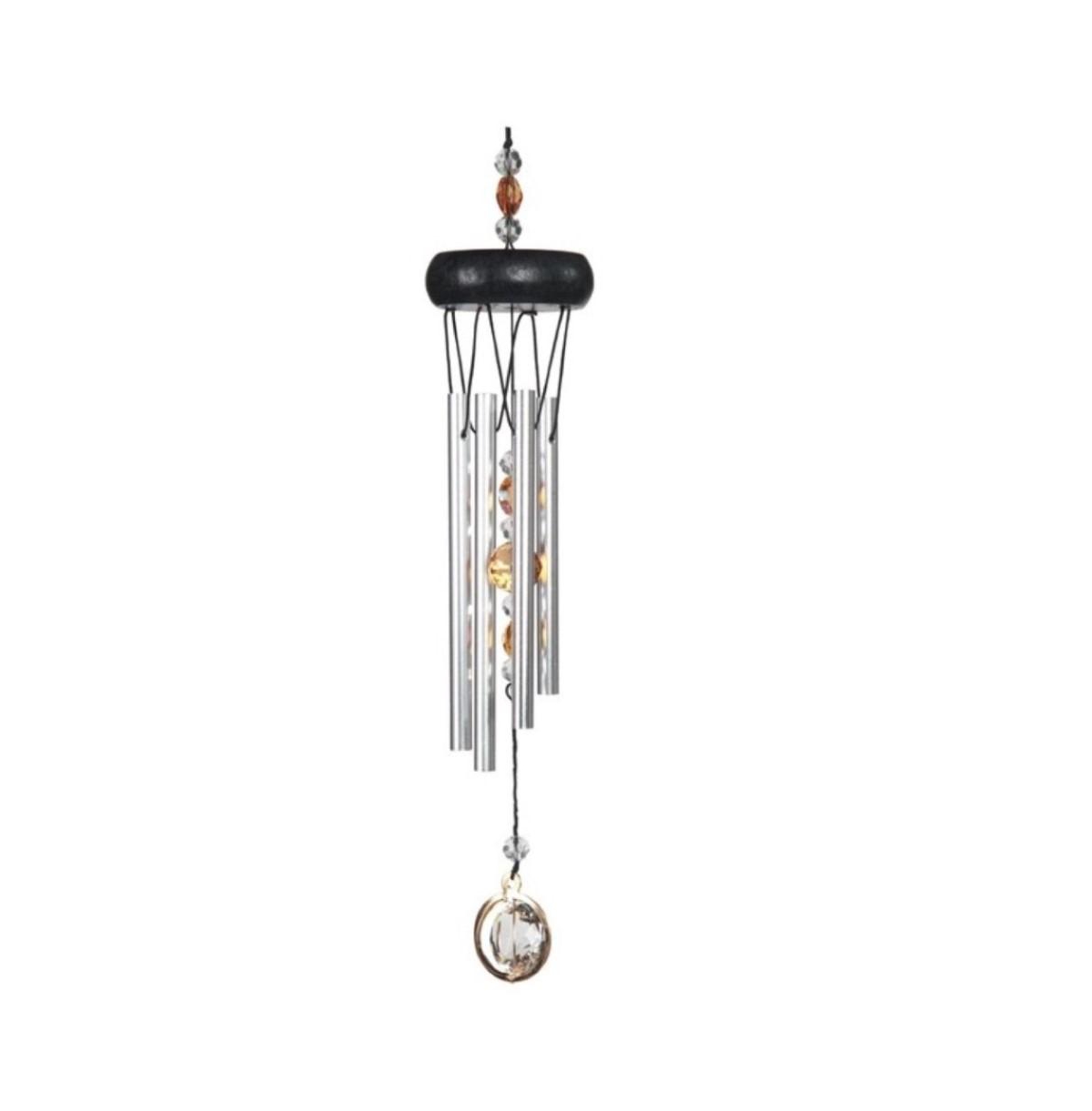 15" Long Orange Wooden Top Gem Wind Chime - Silver