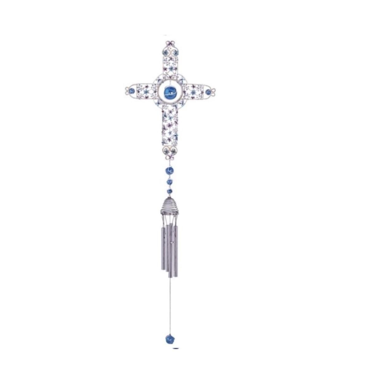 33" Long White Cross Wind Chime with Gem - White