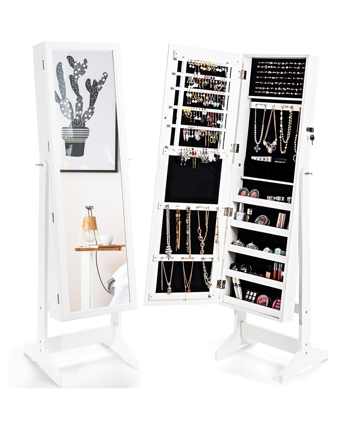 Jewelry Cabinet Stand Mirror Armoire Lockable Organizer Large Storage Box - White