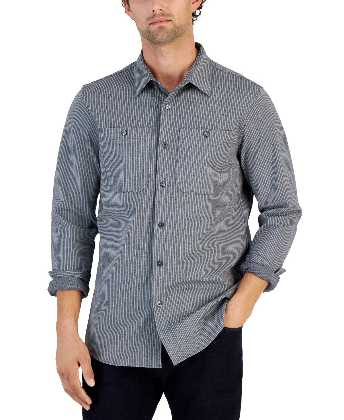 Michael Kors Men's Classic Fit Striped Button-front Two-pocket Shirt In Ash Melange
