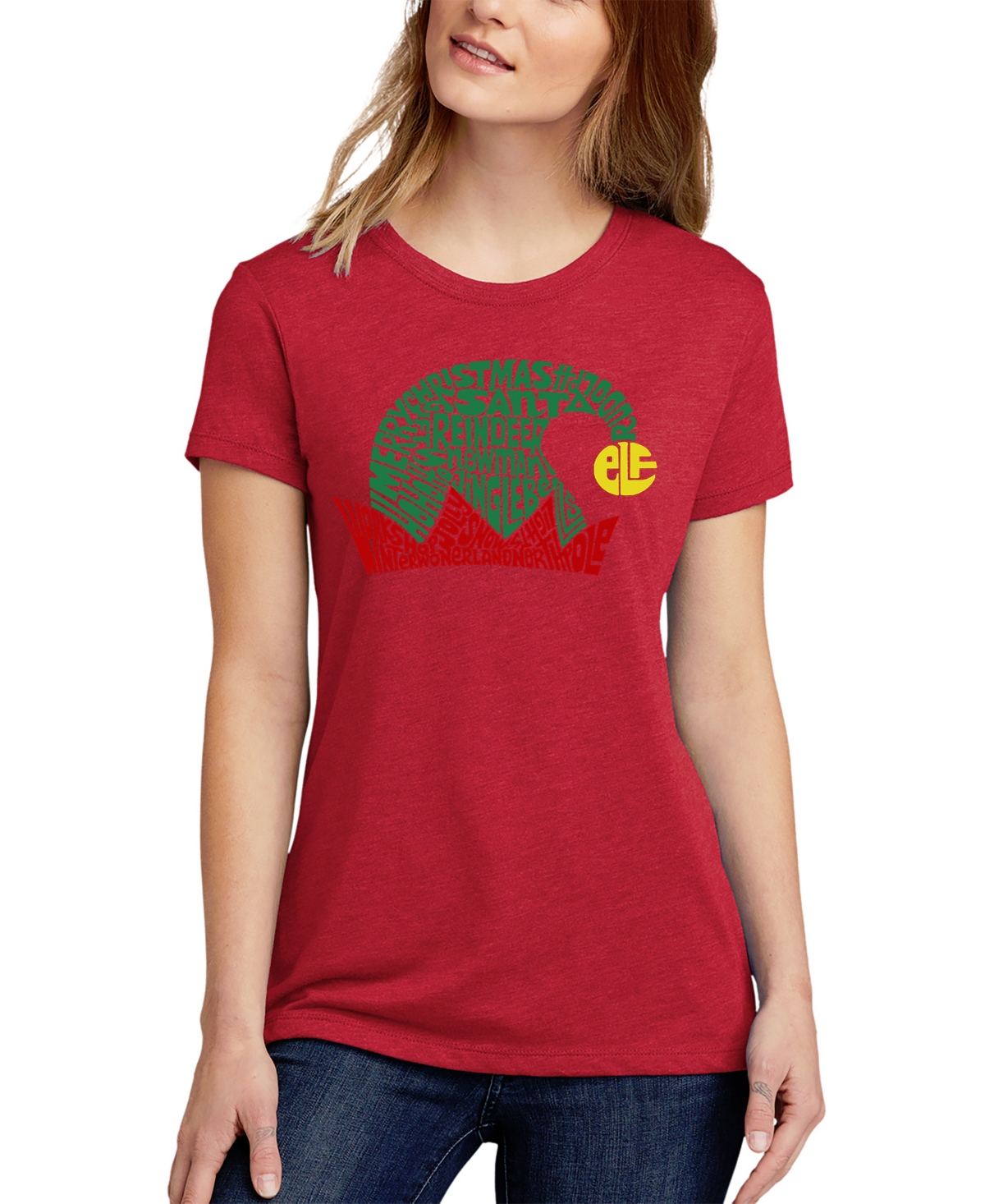 La Pop Art Women's Christmas Elf Hat Premium Blend Word Art Short Sleeve T-shirt In Red
