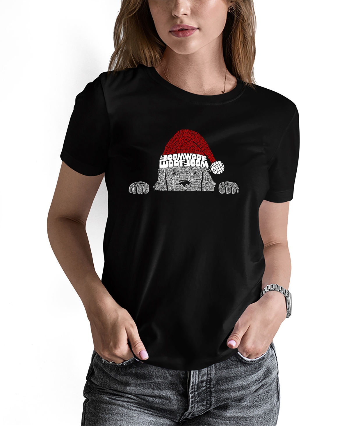 La Pop Art Women's Christmas Peeking Dog Word Art Short Sleeve T-shirt In Black