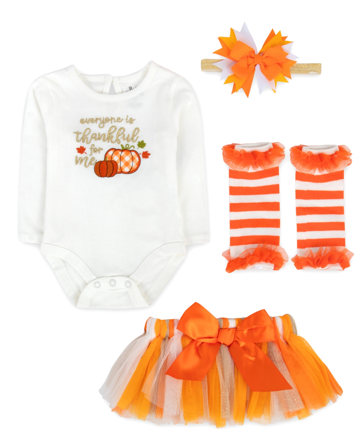 Baby Essentials Baby Girls Thanksgiving Tutu Outfit, 4 Piece Set In Orange