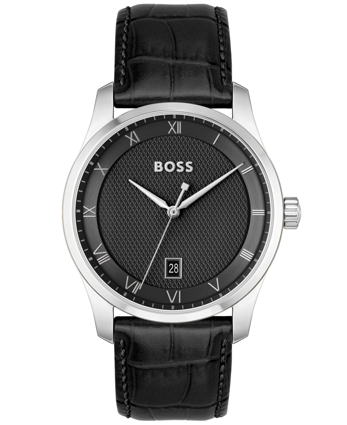 Men Principle Quartz Basic Calendar Black Leather Watch 41mm - Black