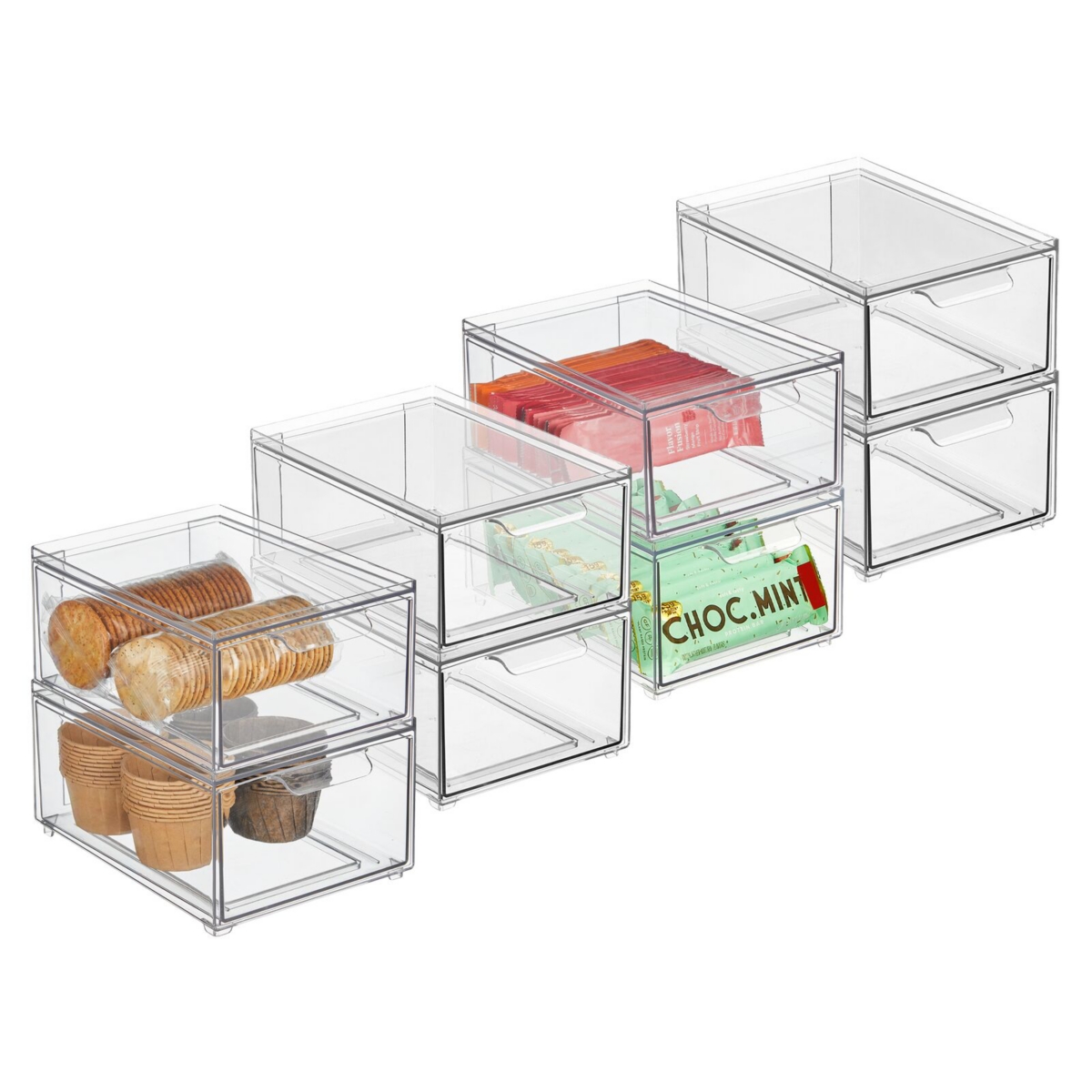 mDesign Stacking Plastic Storage Kitchen Bin with Pull-Out Drawer, 8 Pack,- Clear