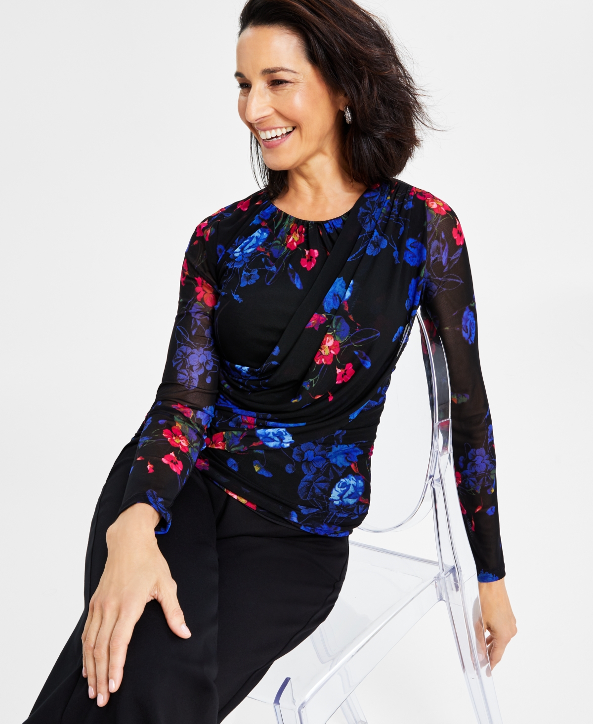 I.n.c. International Concepts Women's Printed Mesh-Sleeve Draped Top, Created for Macy's