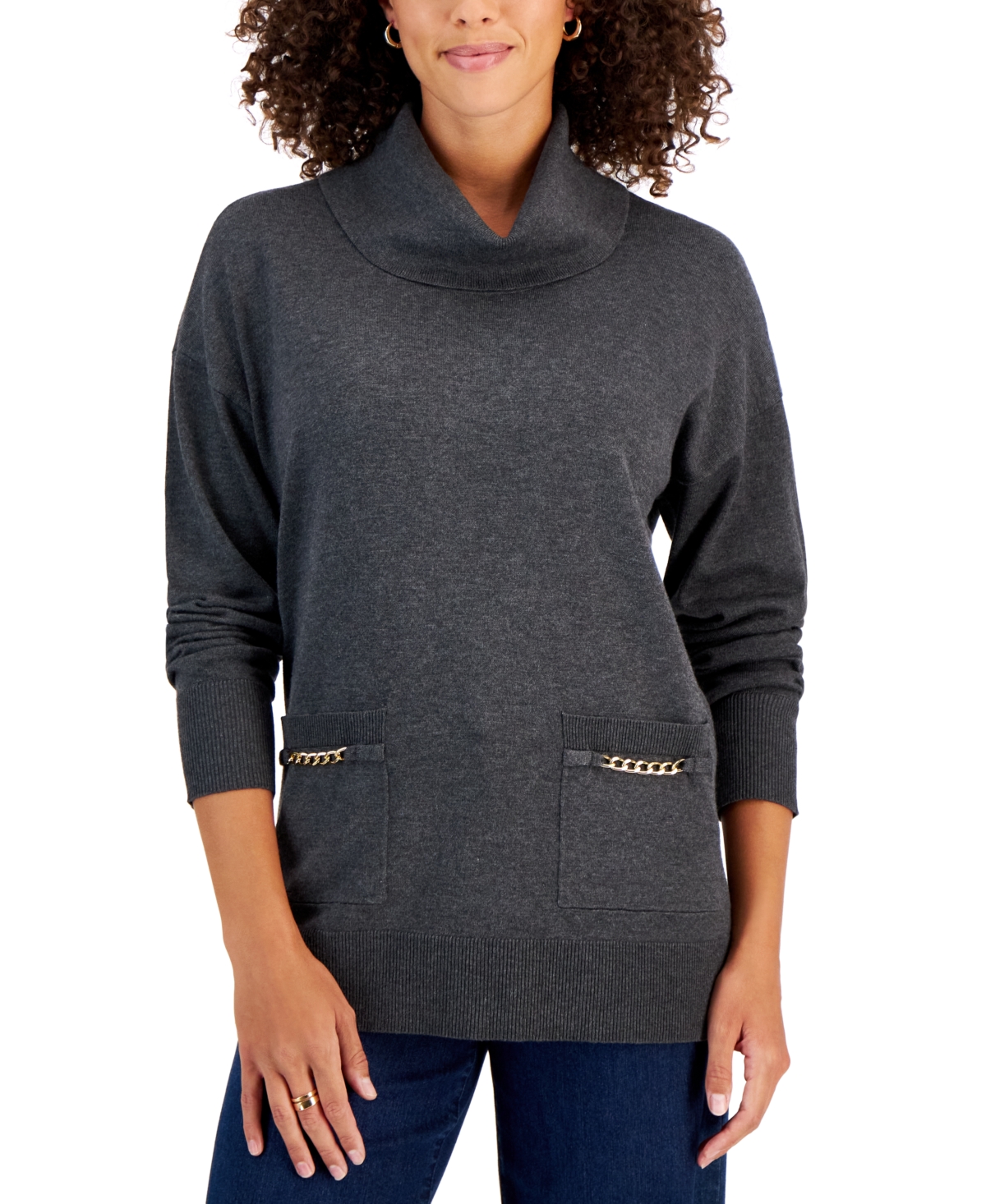 Jm Collection Women's Cowl Neck Chain Pocket Sweater, Created for Macy's