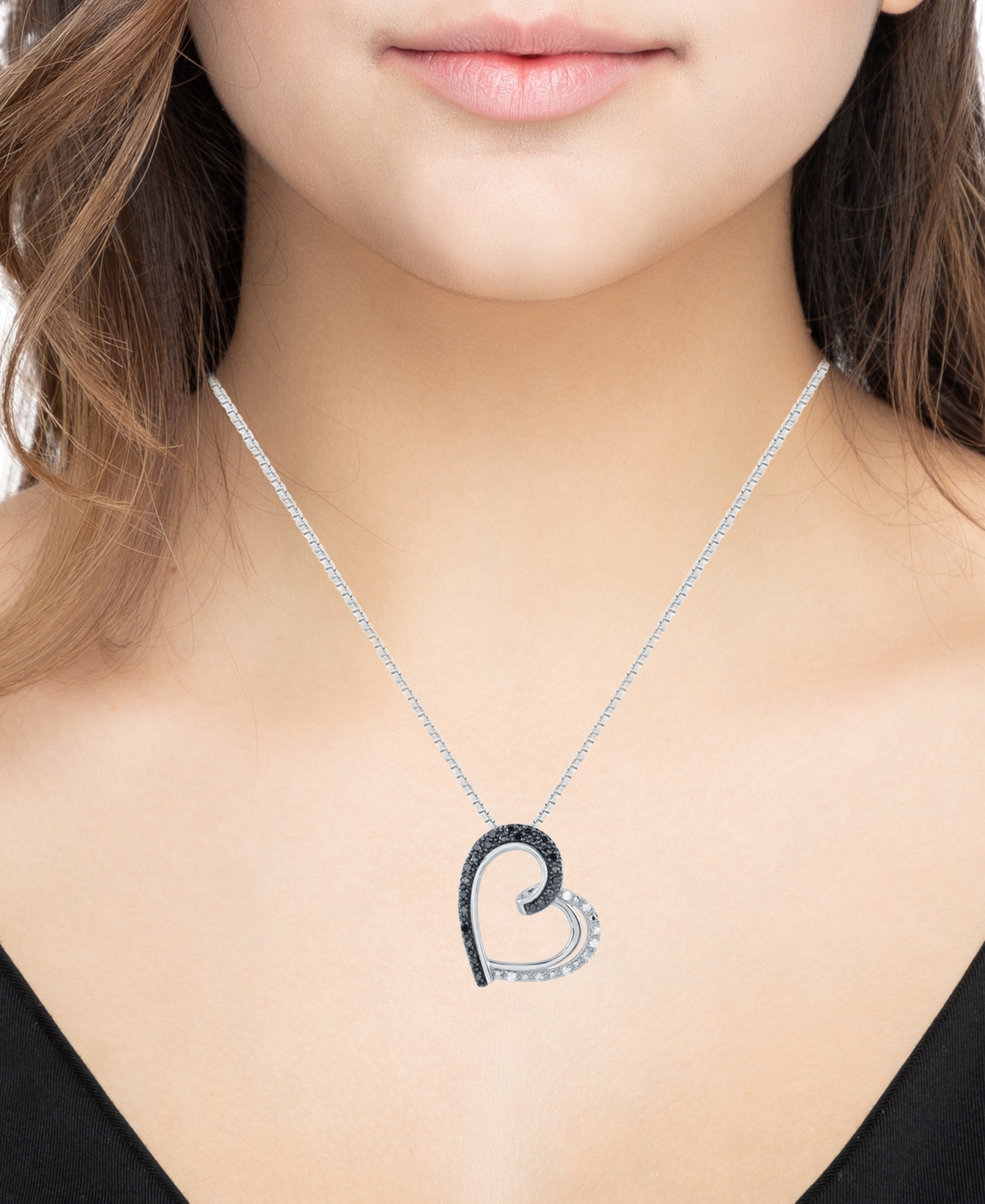 MACY'S BLACK & WHITE DIAMOND STYLIZED HEART DROP 18" PENDANT NECKLACE (1/6 CT. T.W.) IN STERLING SILVER 