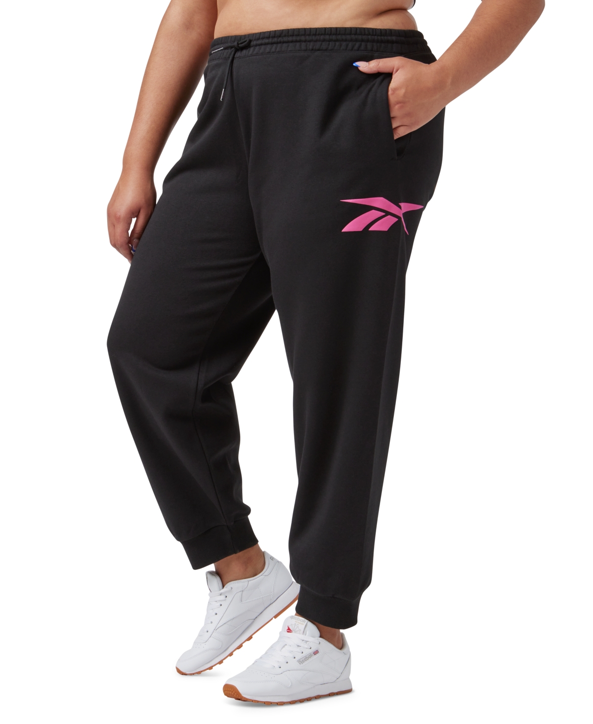 Reebok Plus Size Drawstring-waist Logo Fleece Pants In Semi Proud Pink,black
