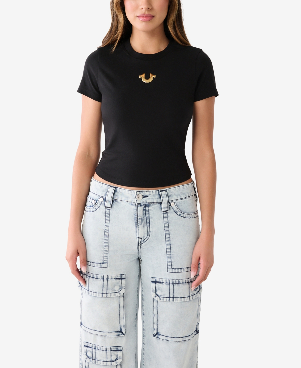 True Religion Women's Short Sleeve 3d Metallic Baby T-shirt In Jet Black