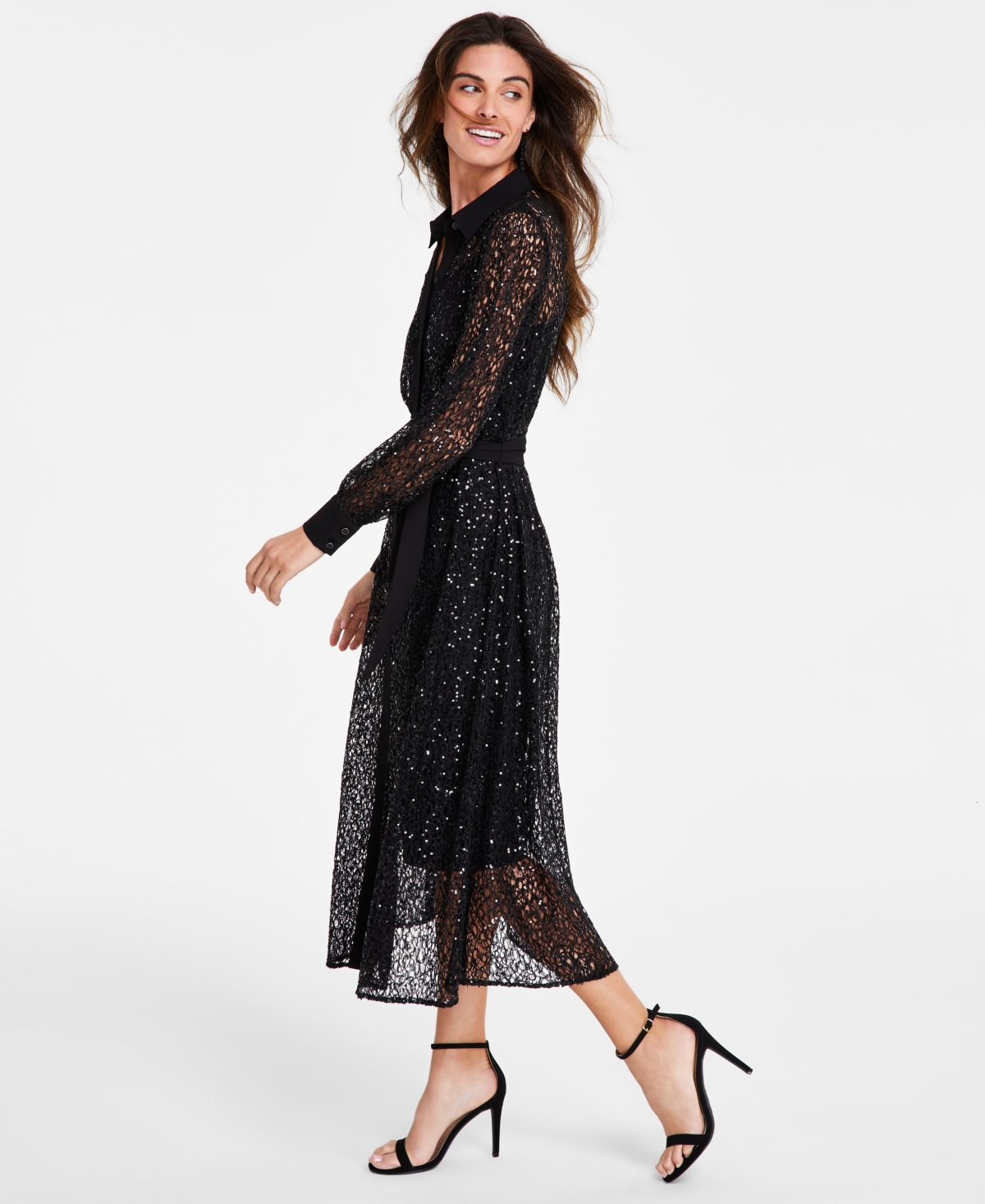 Shop Anne Klein Women's Button-front A-line Sequin Lace Dress, Created For Macy's In Anne Black
