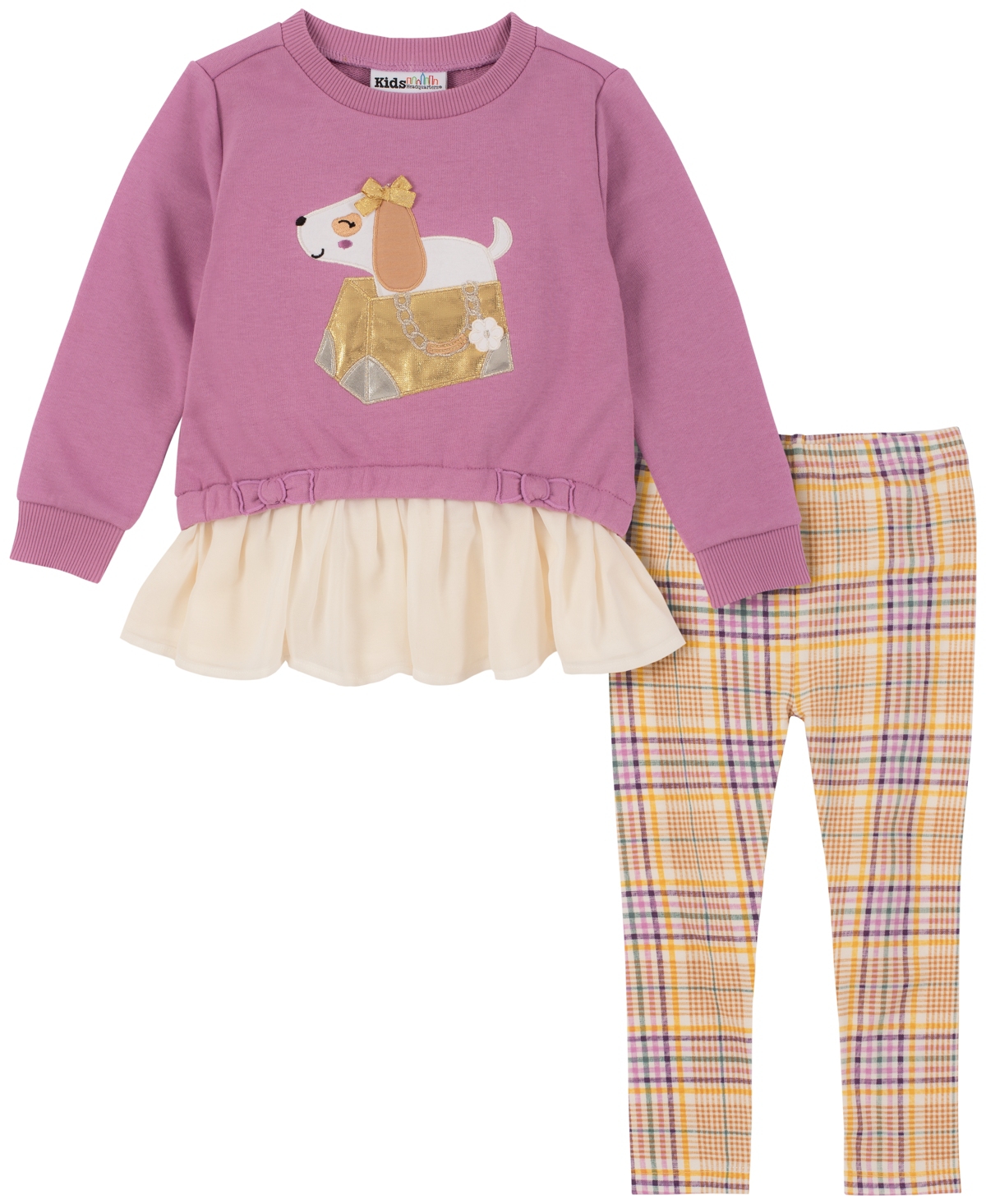KIDS HEADQUARTERS TODDLER GIRLS GEORGETTE SKIRTED FRENCH TERRY CREW-NECK TUNIC AND PLAID LEGGINGS, 2 PIECE SET