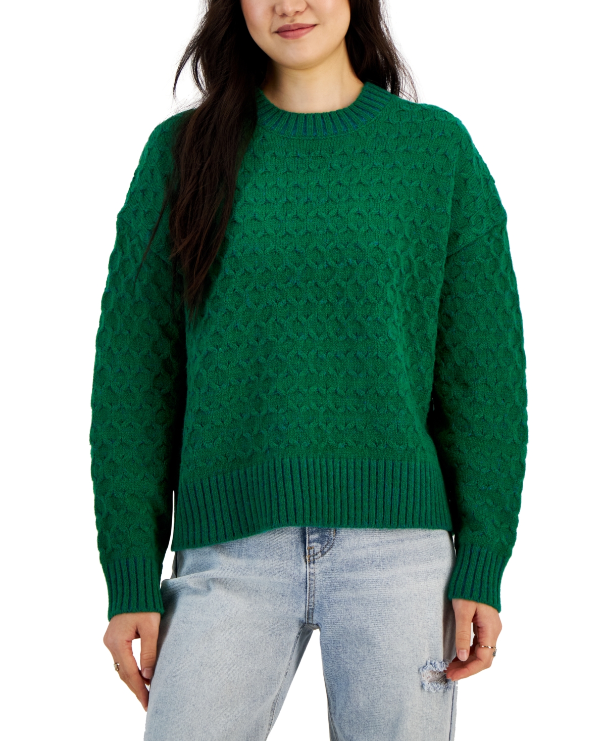 Juniors' Honeycomb-Knit Crewneck Sweater - Emerald Green