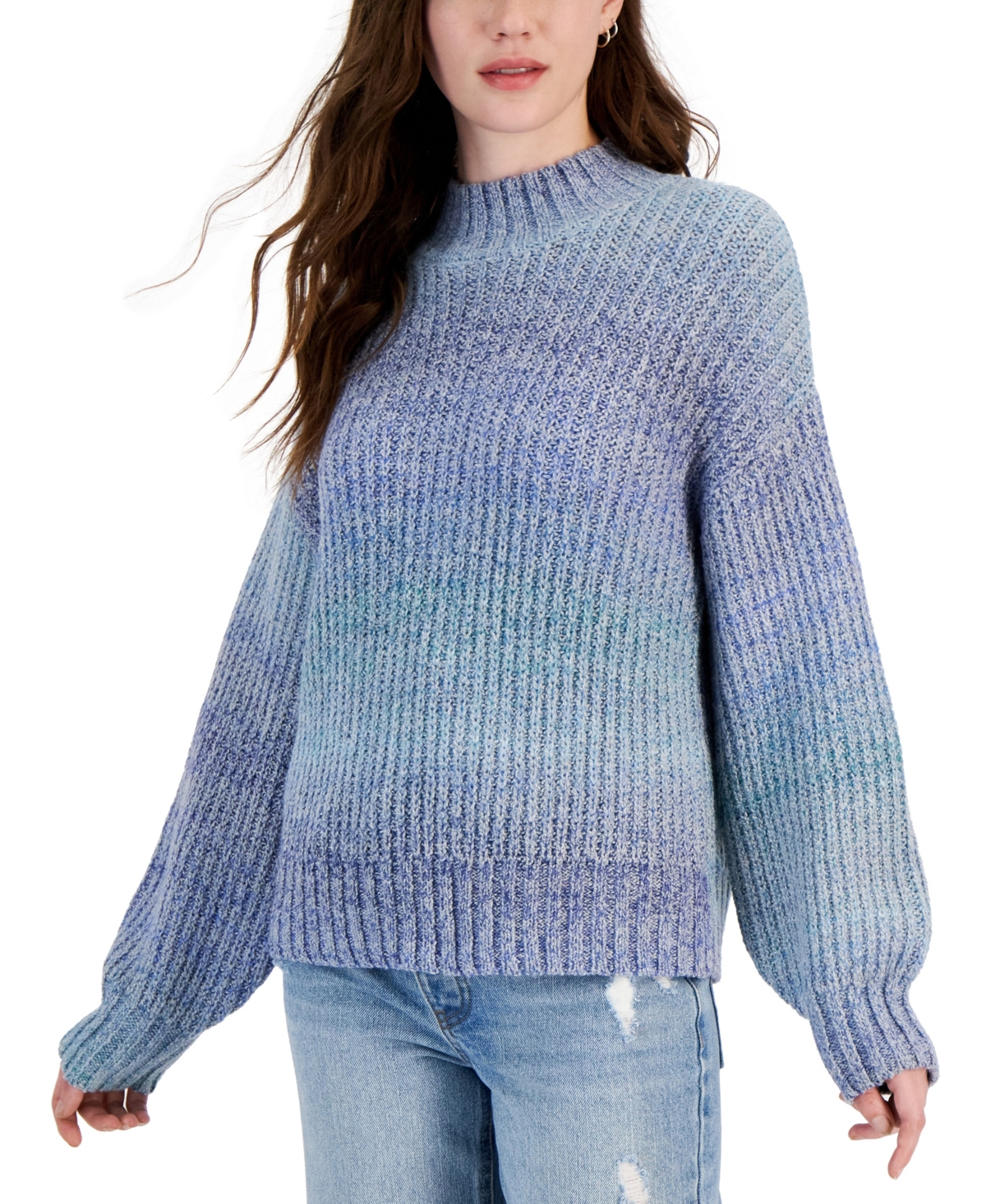 Freshman Juniors' Ombre Mock-neck Sweater In Aqua Sky Space Dye Combo