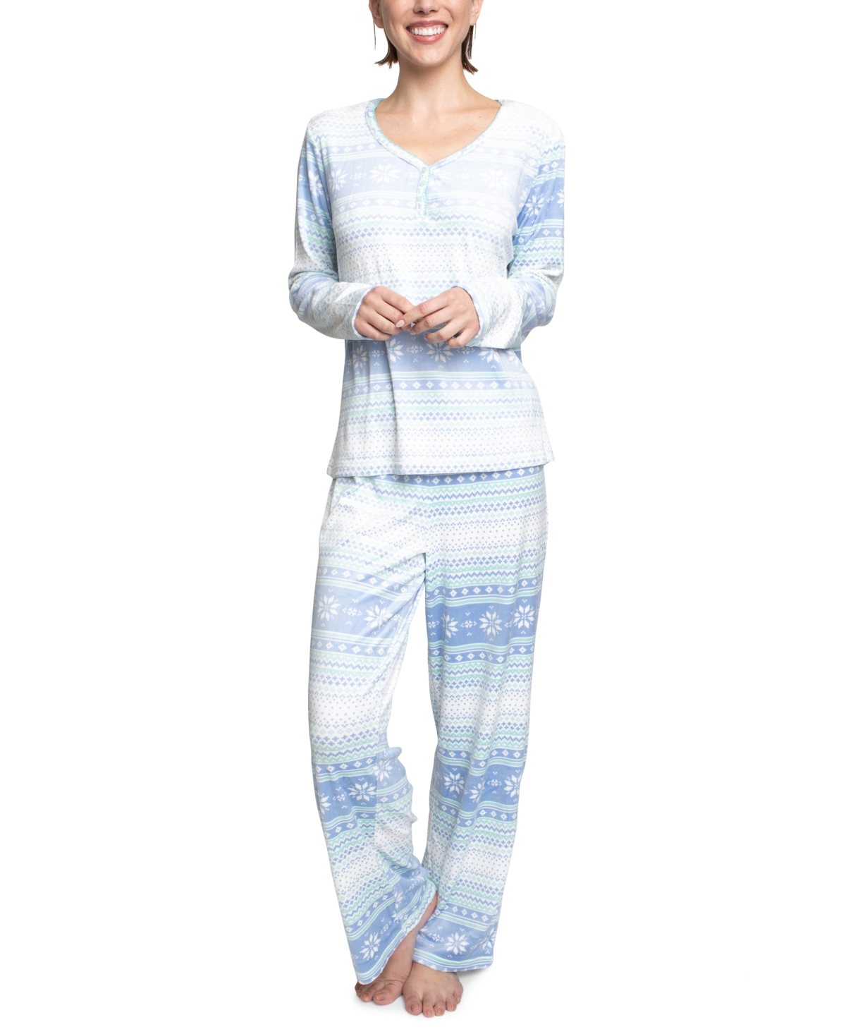 Women's 2-Pc. Printed Henley Pajamas Set - Blue Fairisle