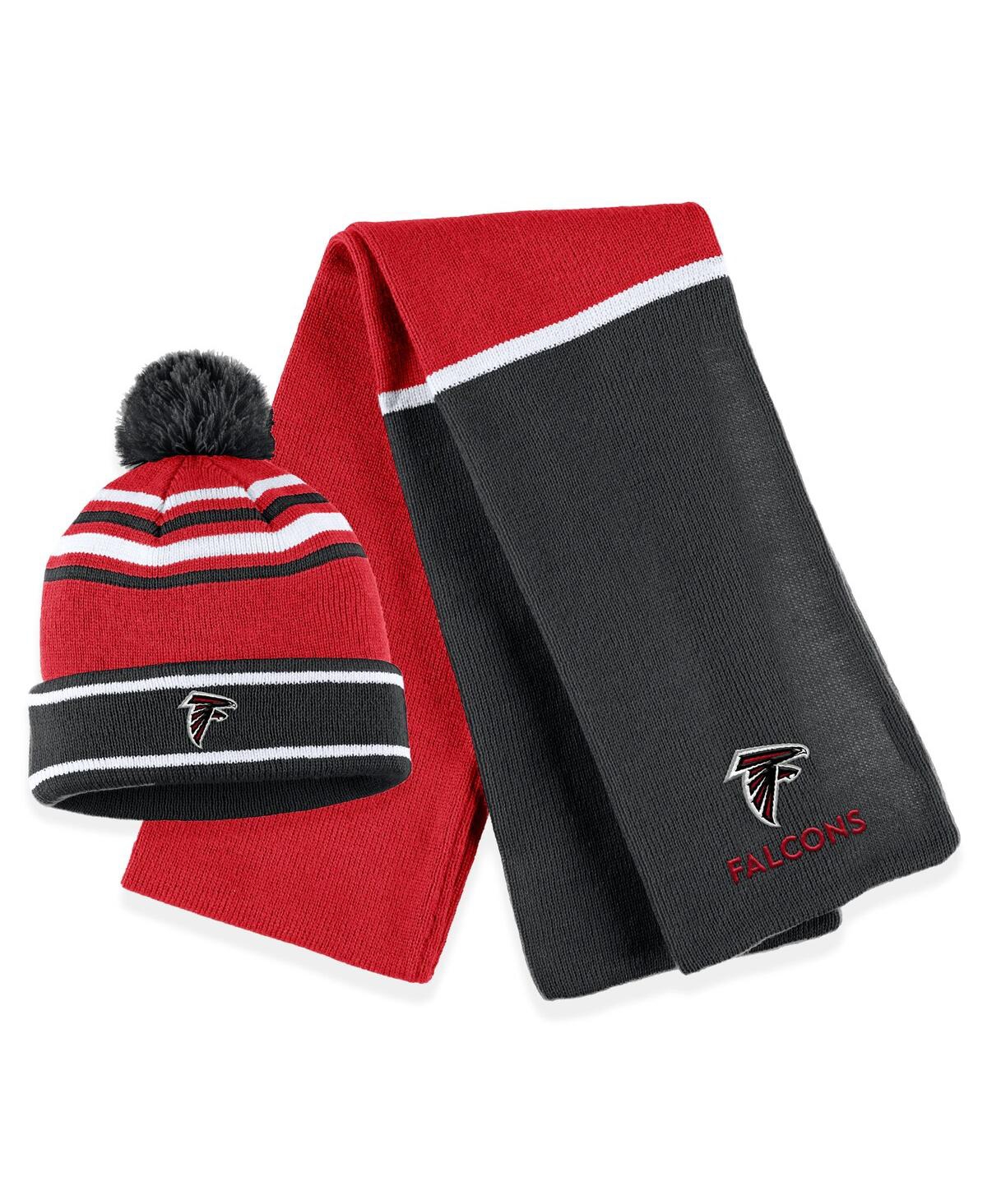 Shop Wear By Erin Andrews Women's  Red Atlanta Falcons Colorblock Cuffed Knit Hat With Pom And Scarf Set