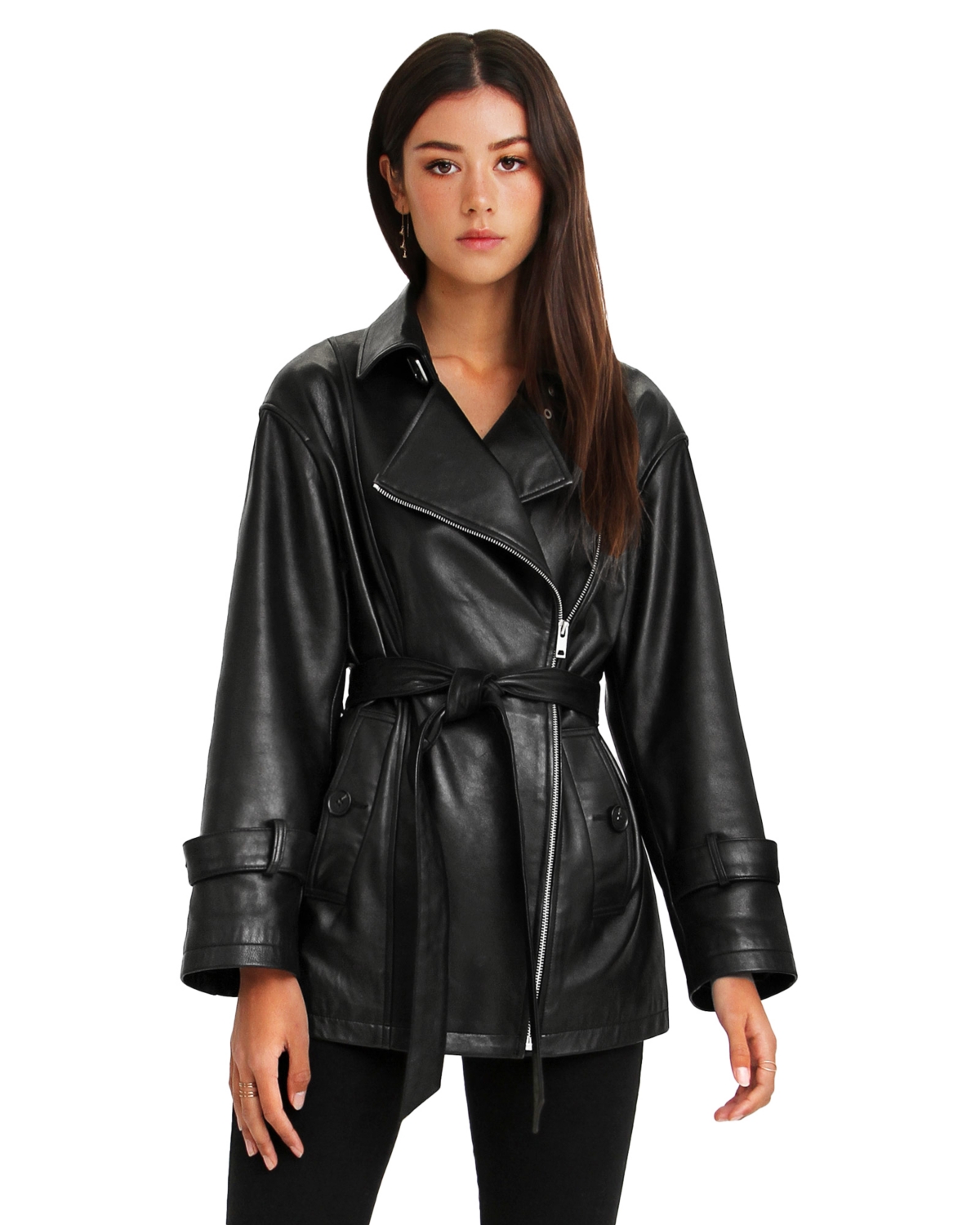 Women's Women Bff Belted Leather Jacket - Black
