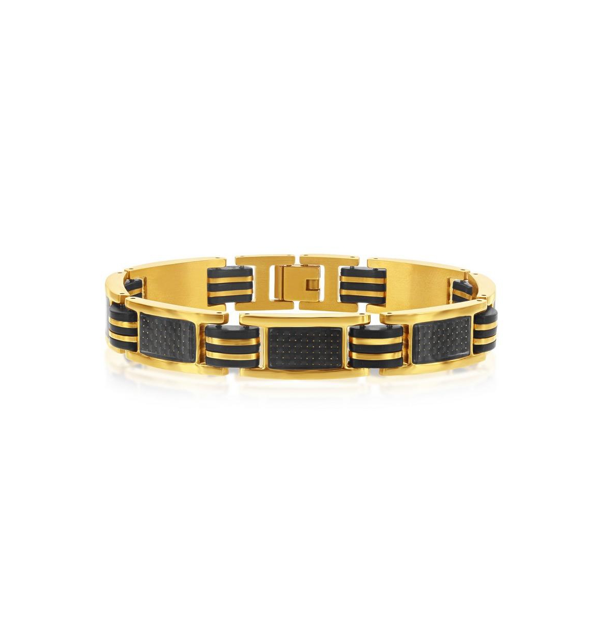 Stainless Steel Black Rubber & Carbon Fiber Bracelet - Gold
