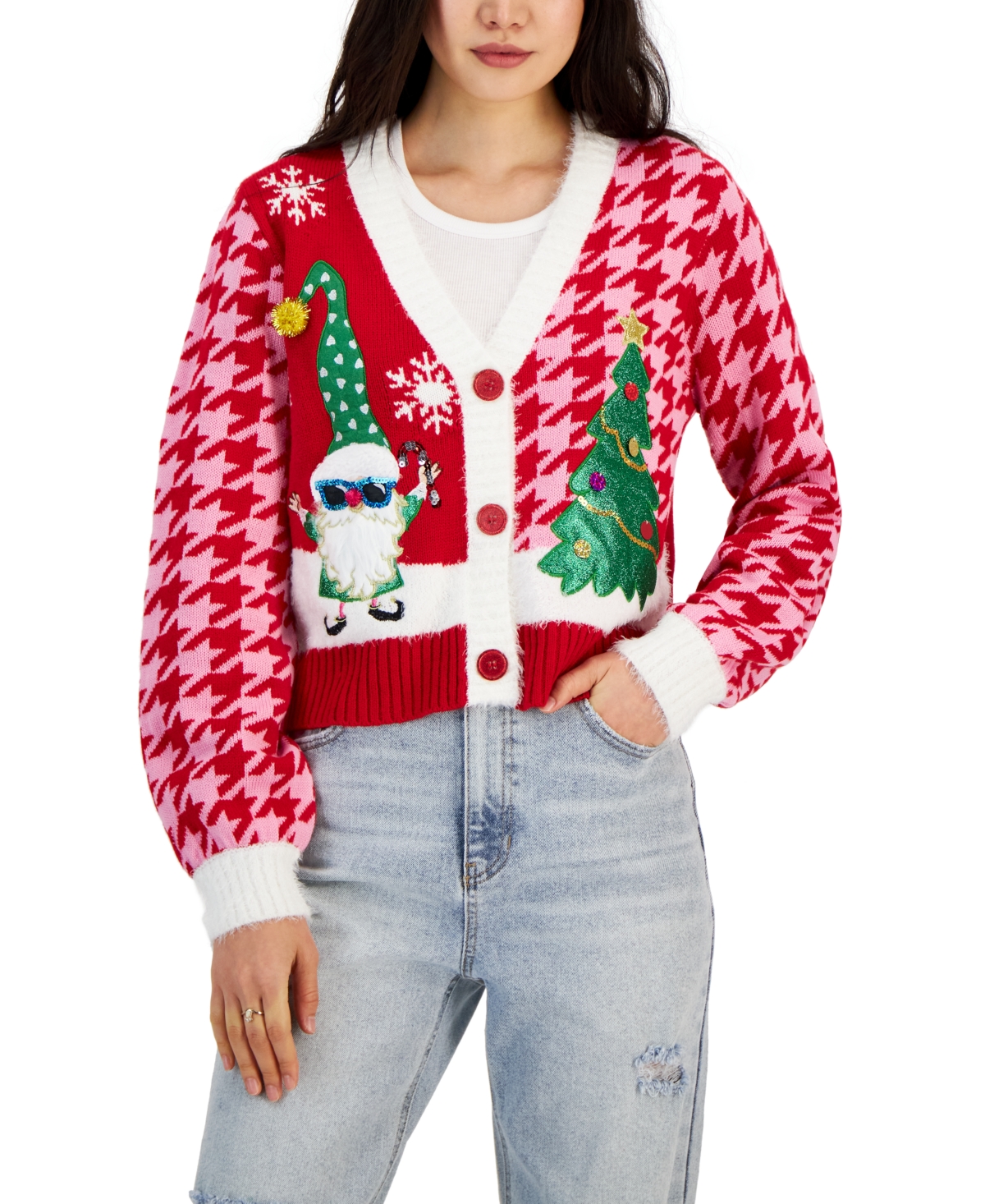 Hooked Up By Iot Juniors Embellished Elf Ugly Christmas Cardigan Sweater In Houndstooth Gnome ModeSens