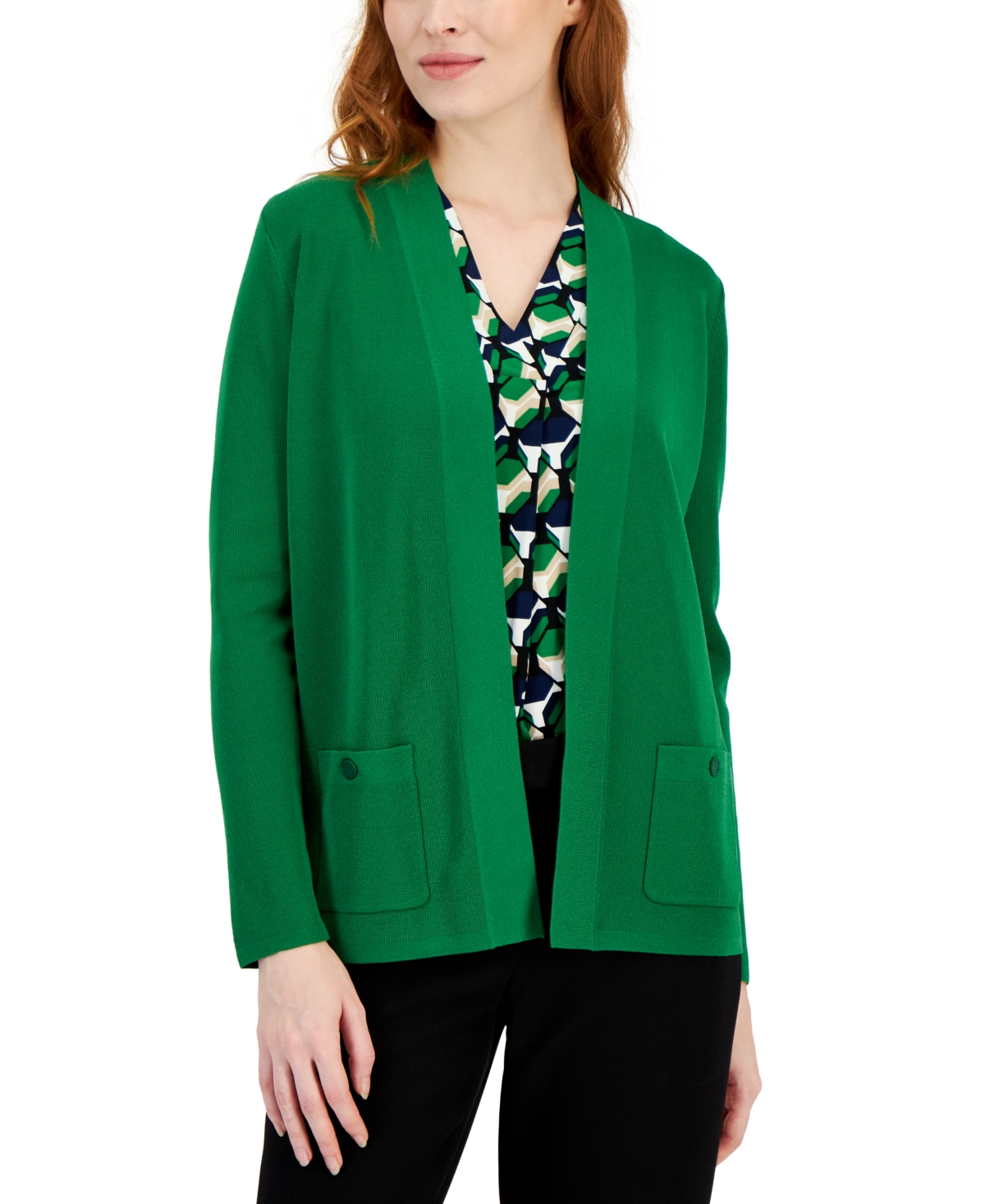 Shop Anne Klein Petite Malibu Open-front Cardigan Sweater In Emerald Mint