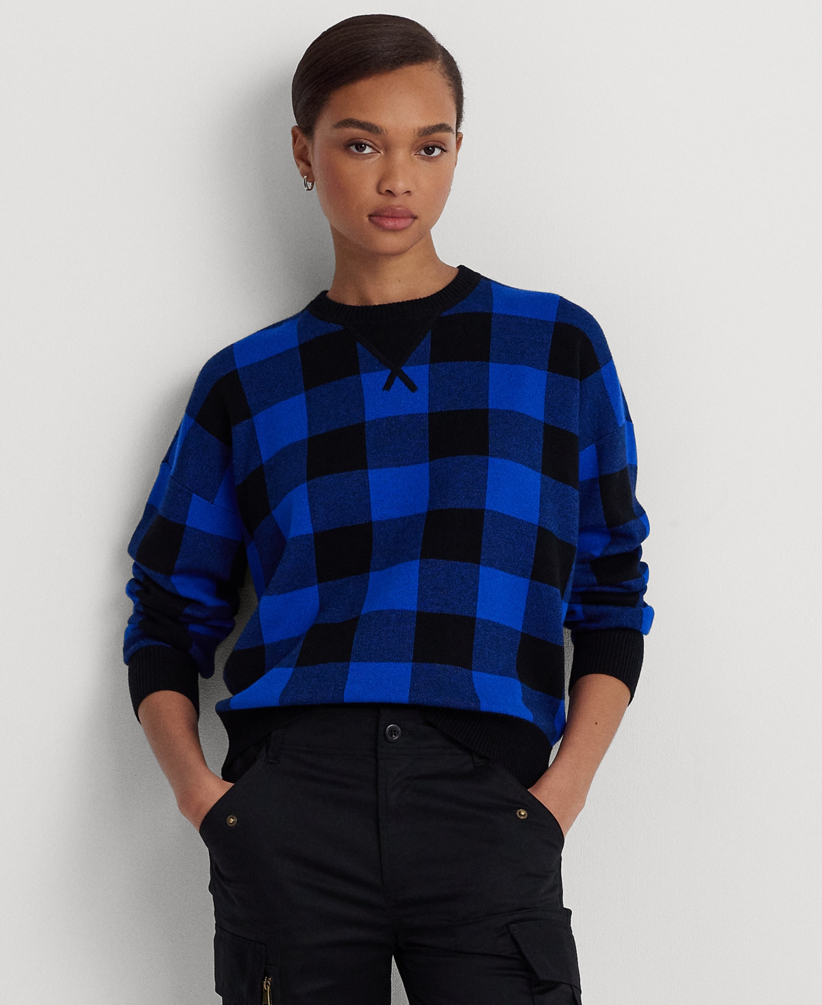 Lauren Ralph Lauren Women's Buffalo Check Cotton-blend Sweater In Black,sapphire Star