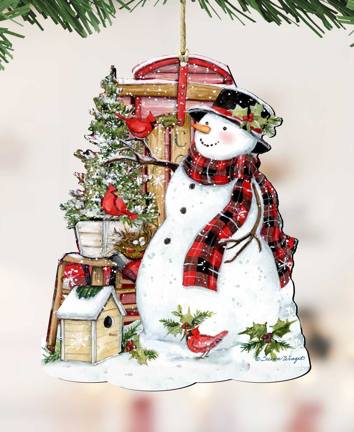 Designocracy Holiday Wooden Ornaments Snowman With Cardinals Home Decor Set Of 2 S. Winget In Multi Color