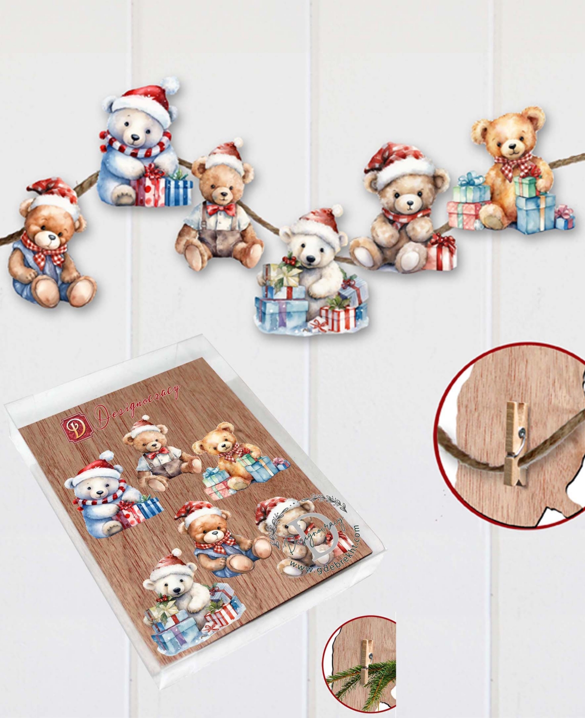 Designocracy Christmas Teddy Bear Christmas Wood Clip-on Ornaments Set Of 6 G. Debrekht In Multi Color