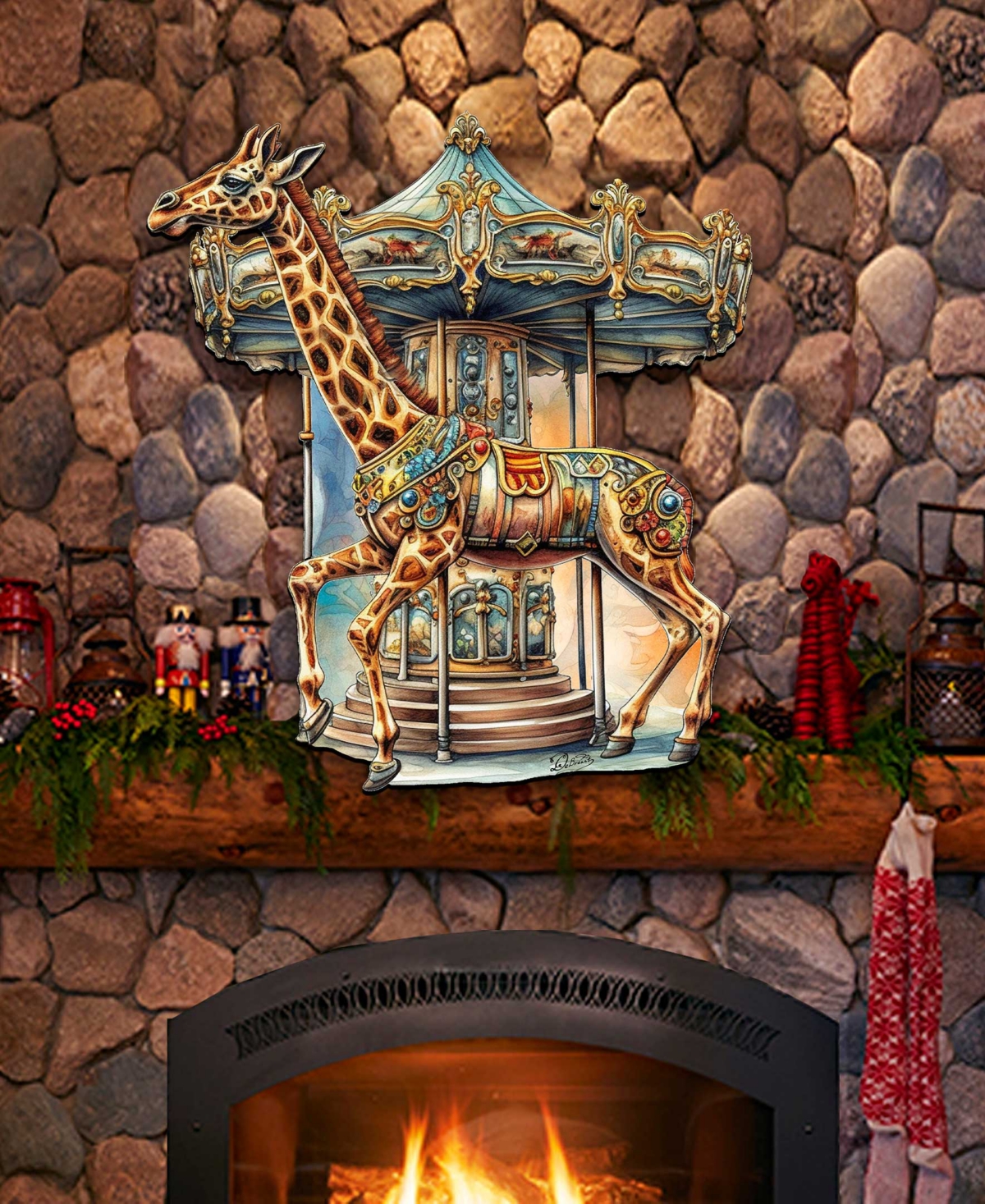 Designocracy Carousel Giraffe Christmas Wooden Door Decor Wall Decor G. DeBrekht