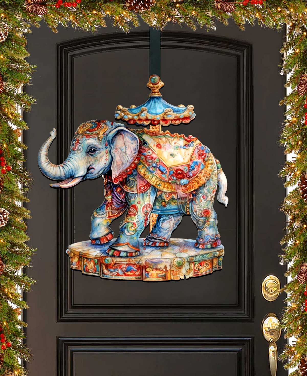 Designocracy Carousel Elephant Christmas Door Decor Wooden Wall Decor G. Debrekht In Multi Color
