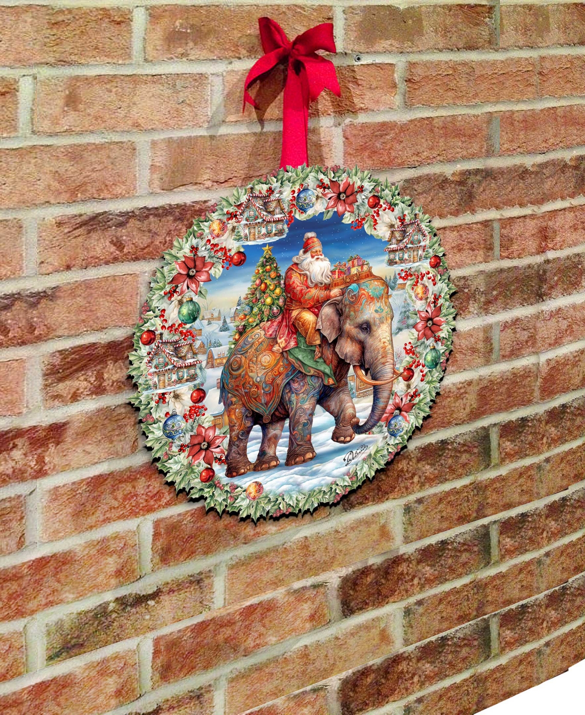 Designocracy Santa on Elephant Wreath Christmas Door Decor Wooden Door Hanger G. DeBrekht