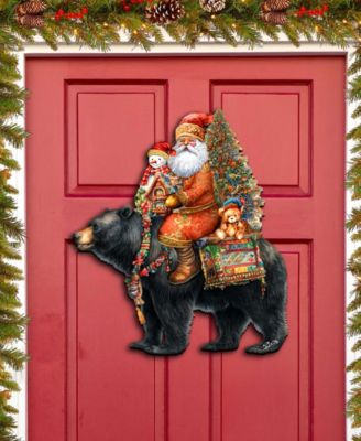 Santa Claus and Black Bear Christmas Door Decor Wooden Wall Decor G. DeBrekht