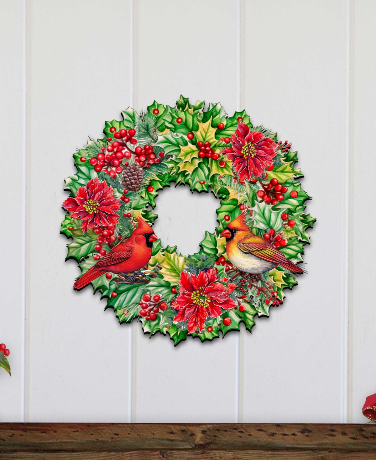 Designocracy Cardinal Garland Wreath Christmas Door Hanger Wooden Door Decor G. DeBrekht