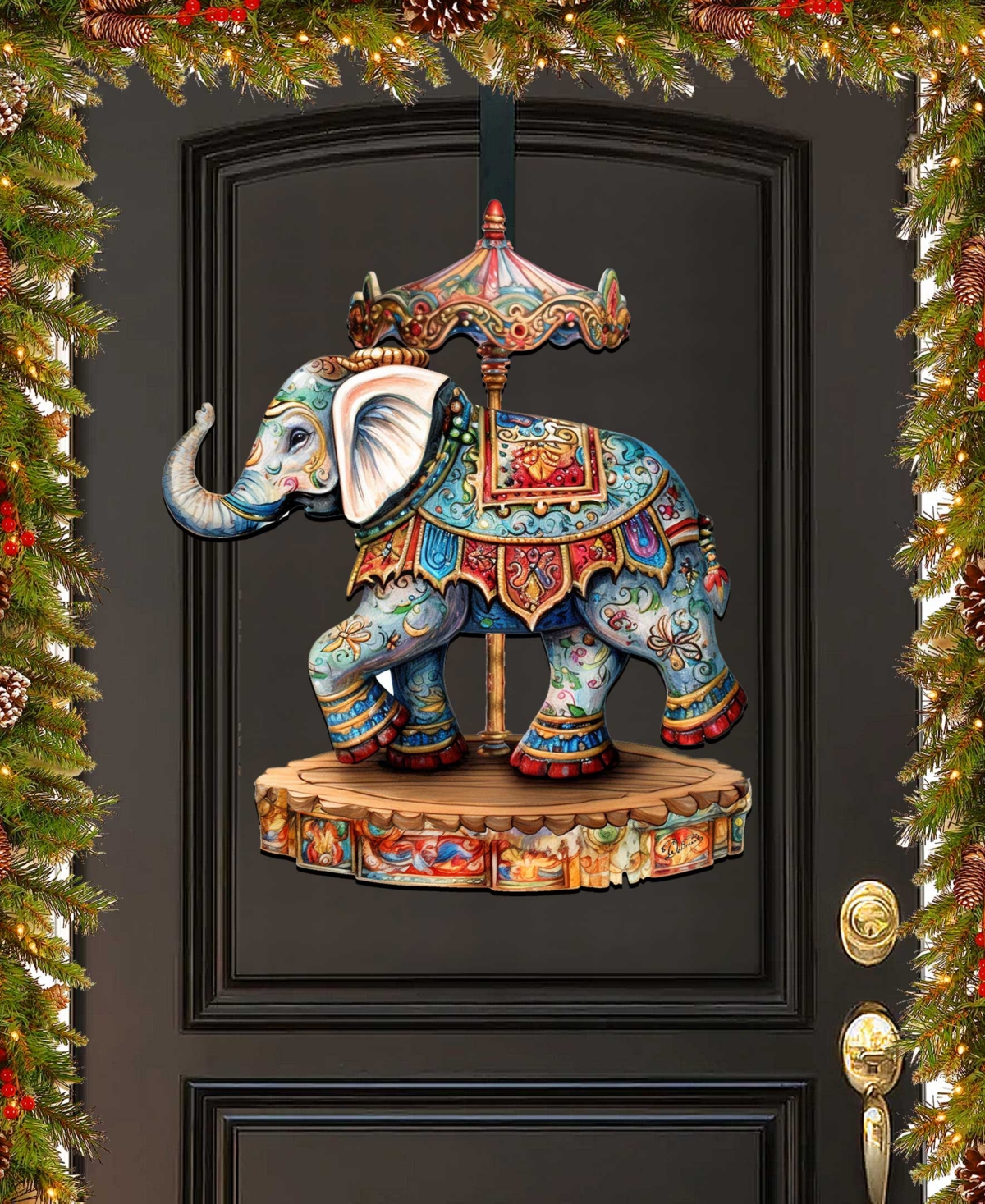 Designocracy Carousel Elephant Christmas Wooden Door Hanger Door Decor G. Debrekht In Multi Color