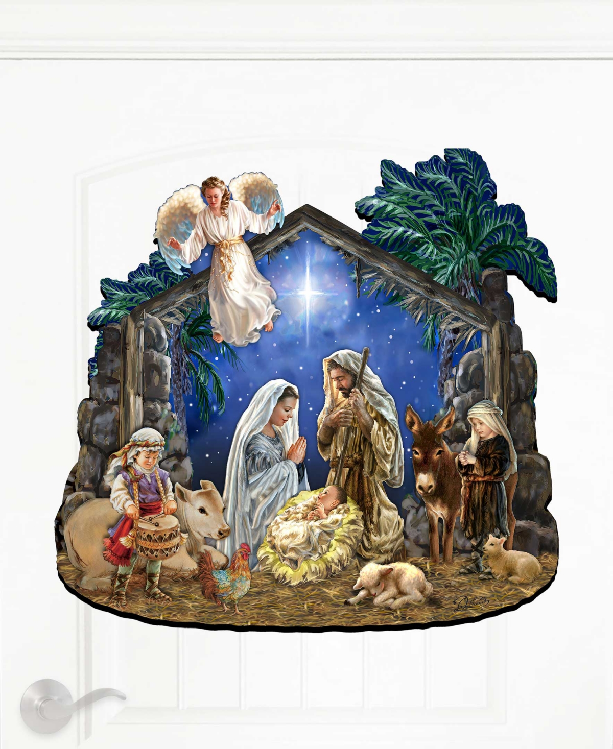Designocracy Nativity with Angel Christmas Wooden Door Decor Wall Decor G. DeBrekht