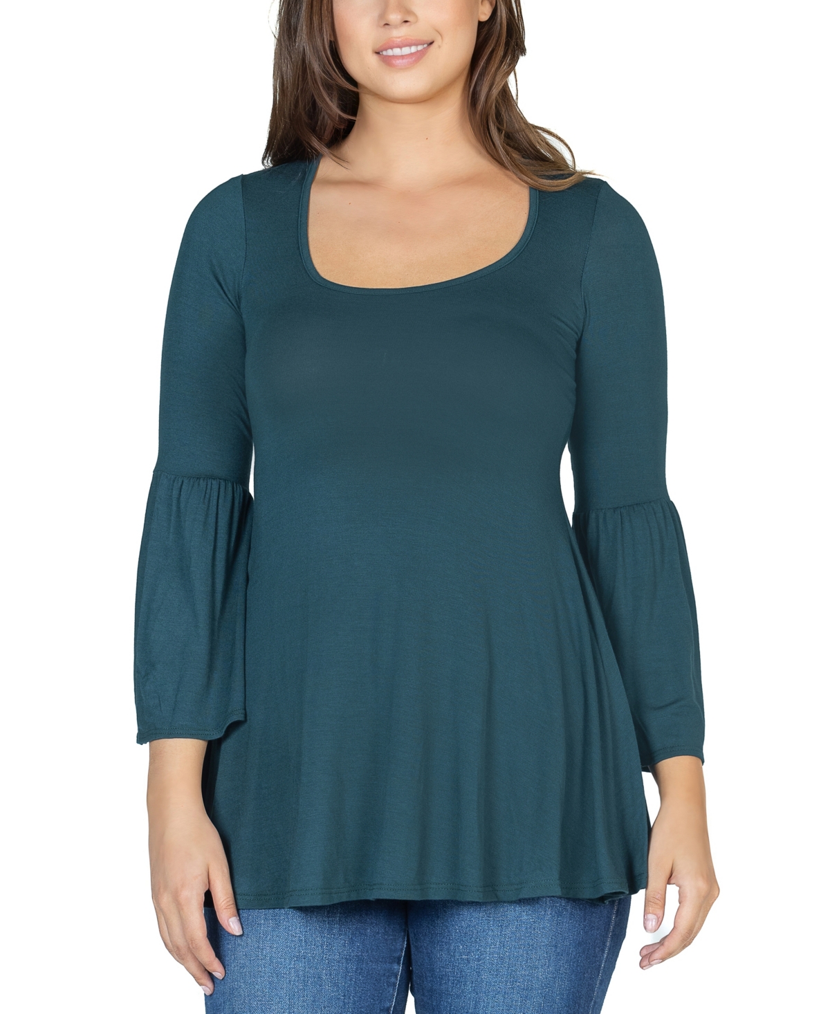 24seven Comfort Apparel Women's Bell Sleeve Flared Tunic Top In Hunter