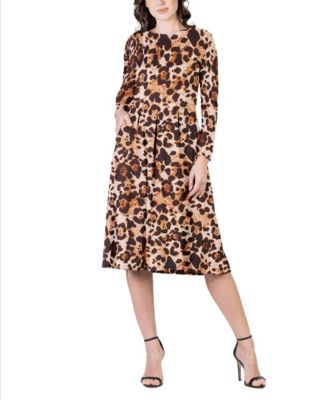 Women's Print Long Sleeve Pleated Midi Dress