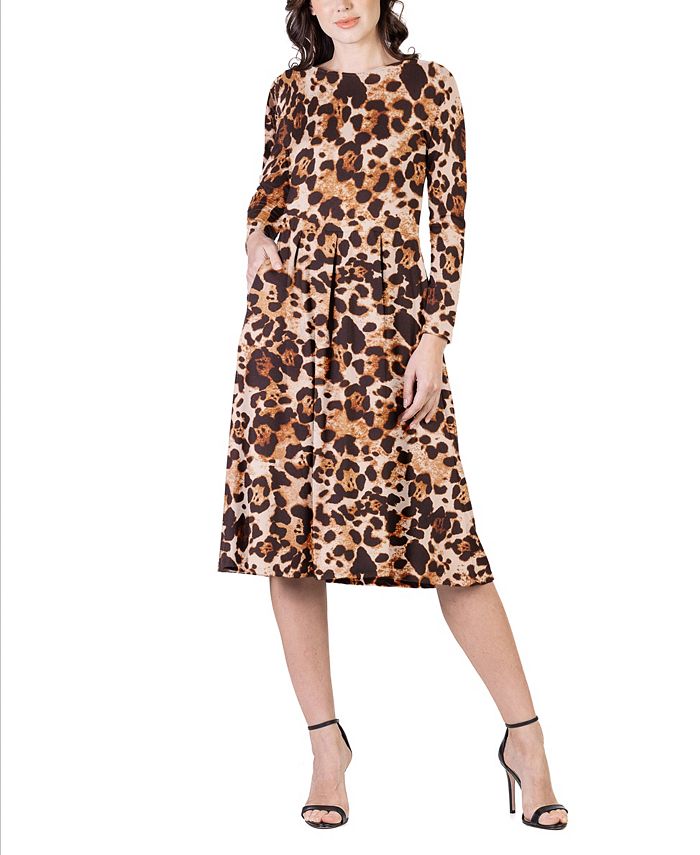 24seven Comfort Apparel Women's Print Long Sleeve Pleated Midi Dress ...