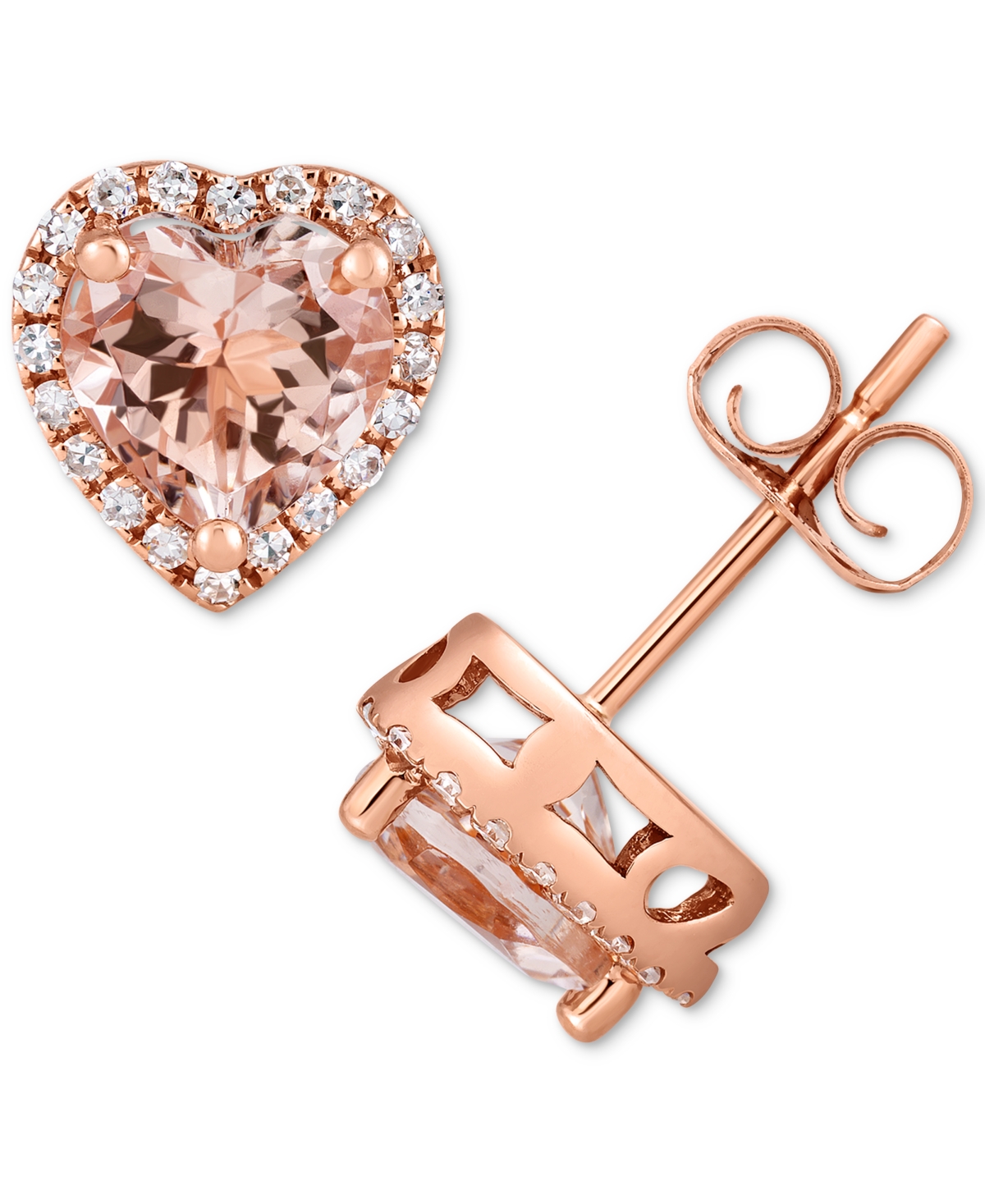 Macy's Morganite (1-1/5 Ct. T.w.) & Diamond (1/6 Ct. T.w.) Heart Halo Stud Earrings In 14k Rose Gold