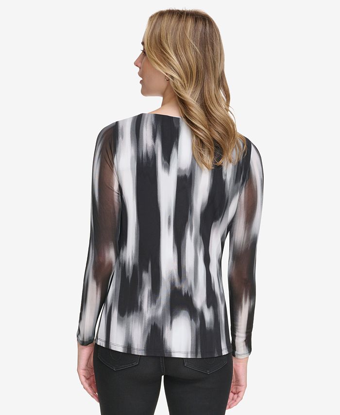 Calvin Klein Women's Printed Mock Neck Top Grey Size Large