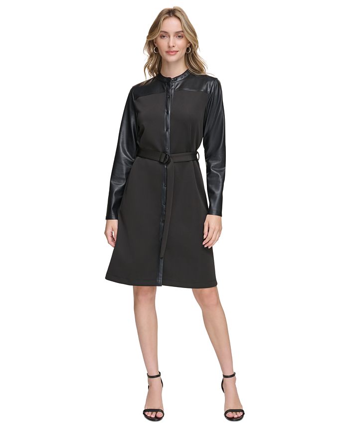 Calvin Klein Women's Faux Leather Trim Belted Shirtdress - Macy's