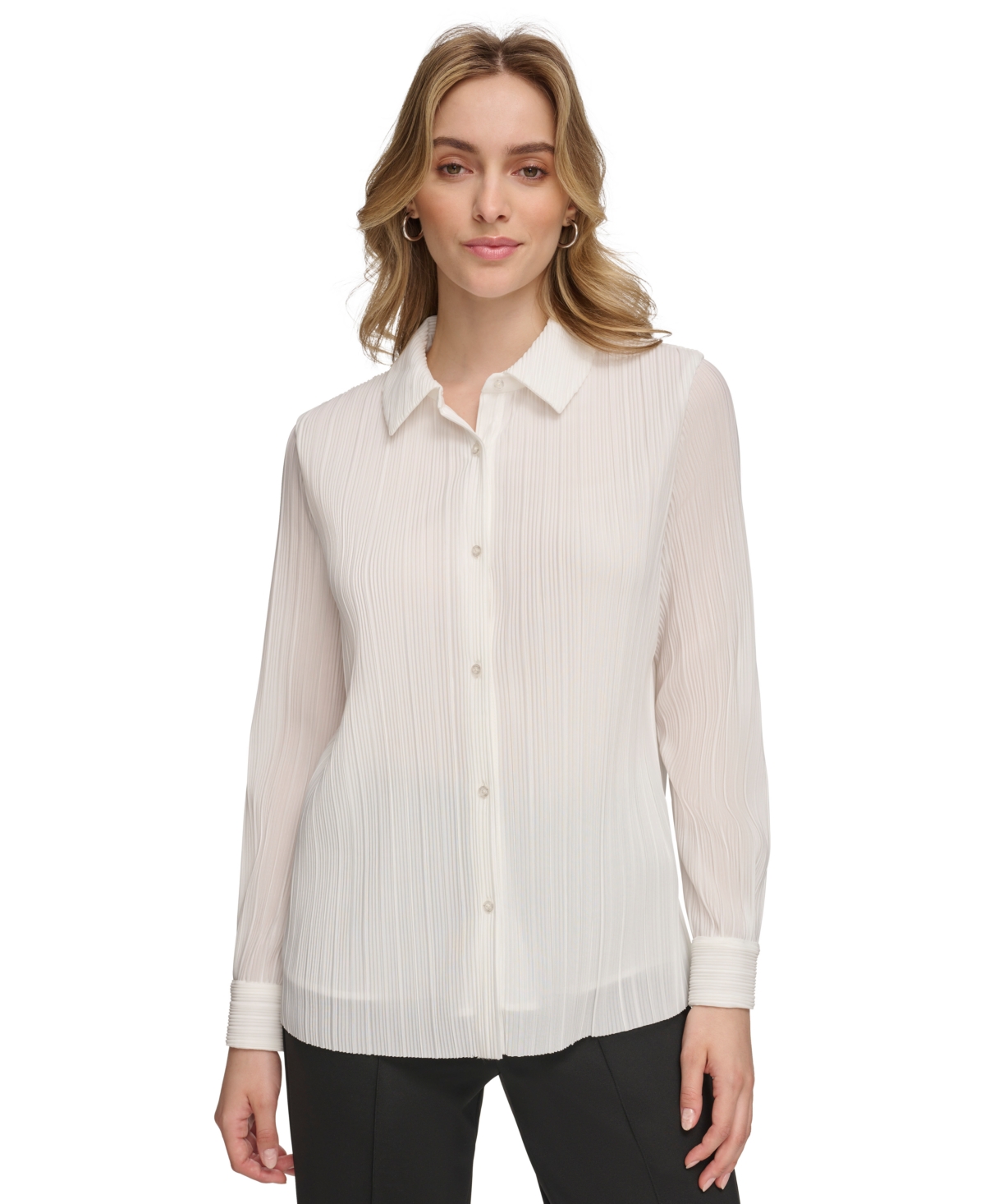 Calvin Klein Women's Plisse Long-sleeve Button Down Shirt In Soft White
